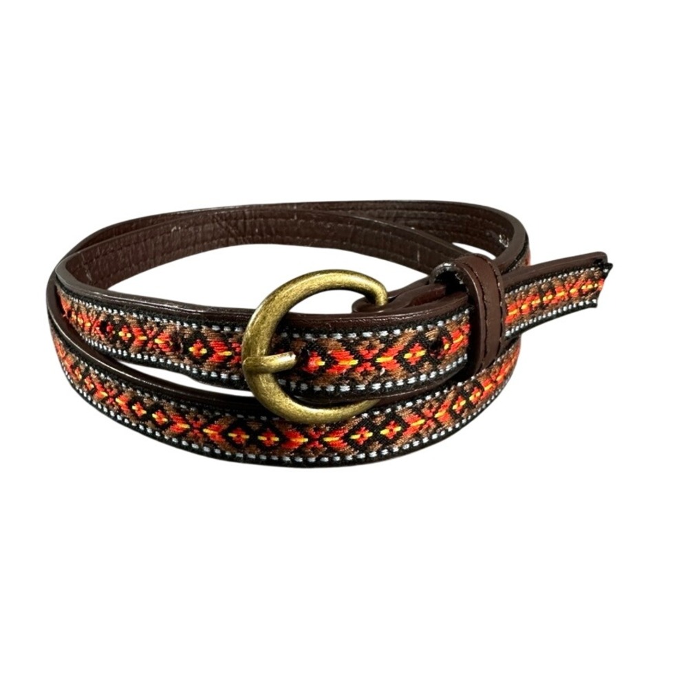 Southwestern Woven Geometric Belt Brown Faux Leather Brass Buckle Size S/M